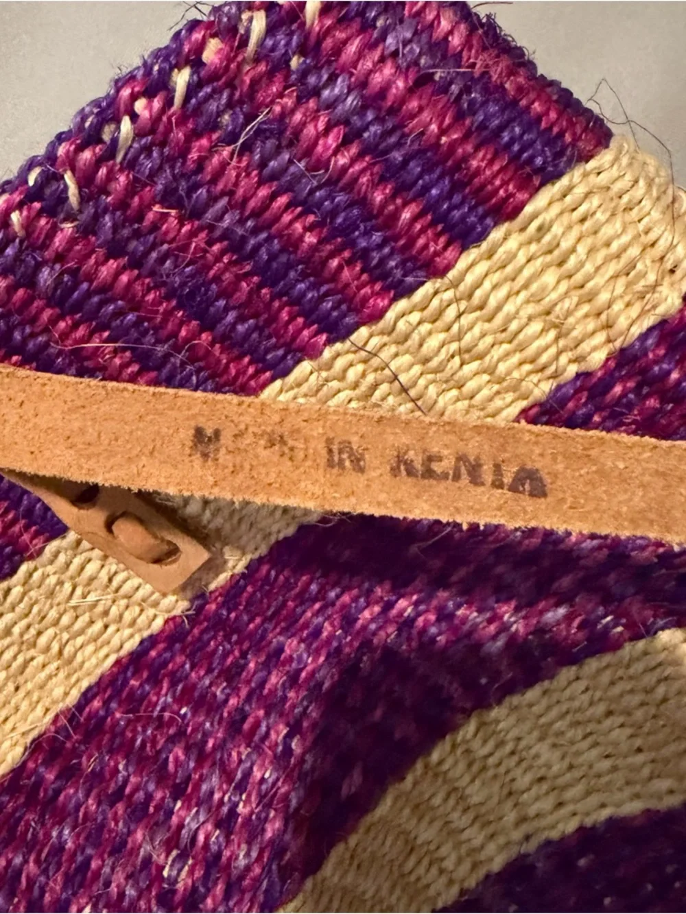 Woven Straw Tote Bag in Purple & Cream with Leather Straps Made in Kenya - Picture 7 of 9